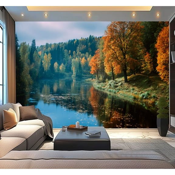 Peel and Stick Wallpaper Waterproof Autumn colorful forest reflected lake Blue sky Wall Mural Decor Self Adhesive and Removable 100in x 144in