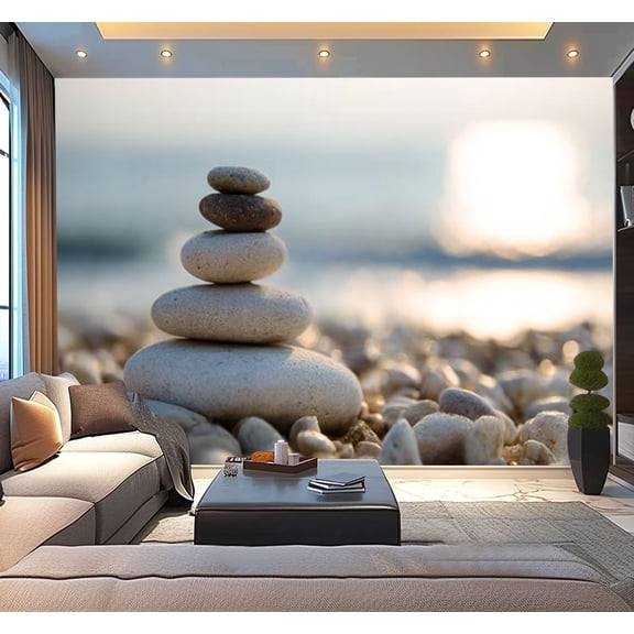 Peel and Stick Wallpaper Waterproof Balanced stones pebble beach sunset Wall Mural Decor Self Adhesive and Removable 100in x 144in