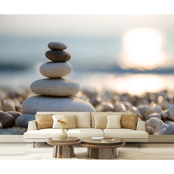 Peel and Stick Wallpaper Waterproof Balanced stones pebble beach sunset Wall Mural Decor Self Adhesive and Removable 69in x 98in