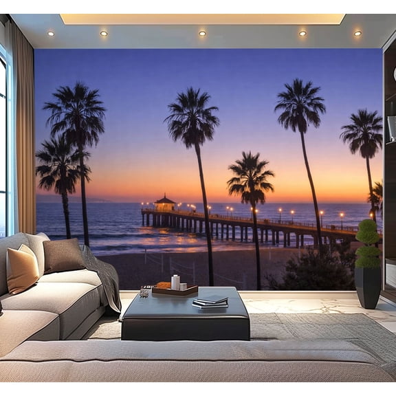 Peel and Stick Wallpaper Waterproof Beach Pier sunset Los Angeles California Wall Mural Decor Self Adhesive and Removable 100in x 144in