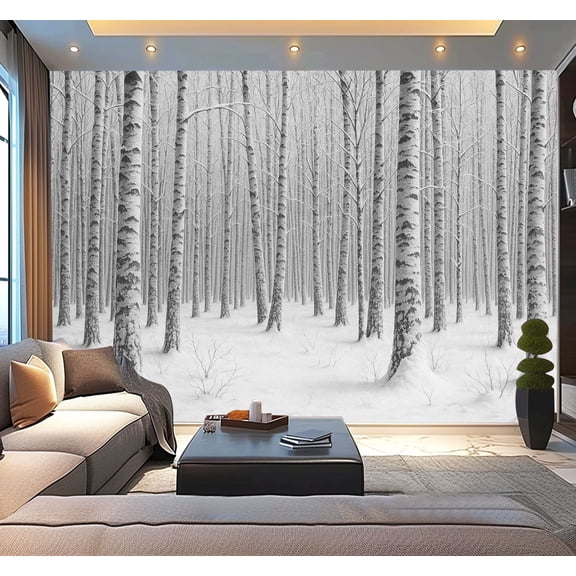 Peel and Stick Wallpaper Waterproof Birch trees snow covered winter wood Wall Mural Decor Self Adhesive and Removable 100in x 144in