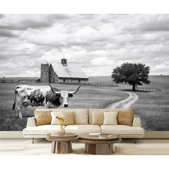 Peel and Stick Wallpaper Waterproof Black White Cow Scenic Countryside Barn Tree Wall Mural Decor Self Adhesive and Removable 69in x 98in