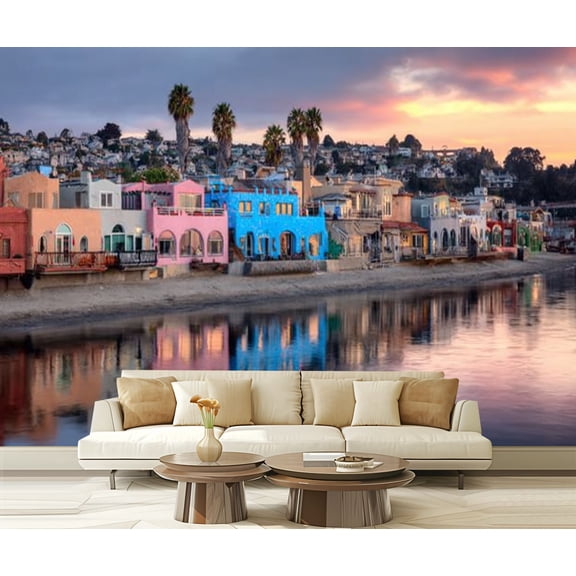 Peel and Stick Wallpaper Waterproof Capitola Village Sunset Reflections Wall Mural Decor Self Adhesive and Removable 69in x 98in
