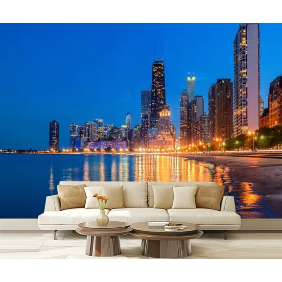 Peel and Stick Wallpaper Waterproof Chicago skyline sunset cloudy sky reflection water Wall Mural Decor Self Adhesive and Removable 69in x 98in