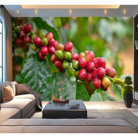 Peel and Stick Wallpaper Waterproof Coffee beans branch coffee plant Arabica coffee Wall Mural Decor Self Adhesive and Removable 100in x 144in
