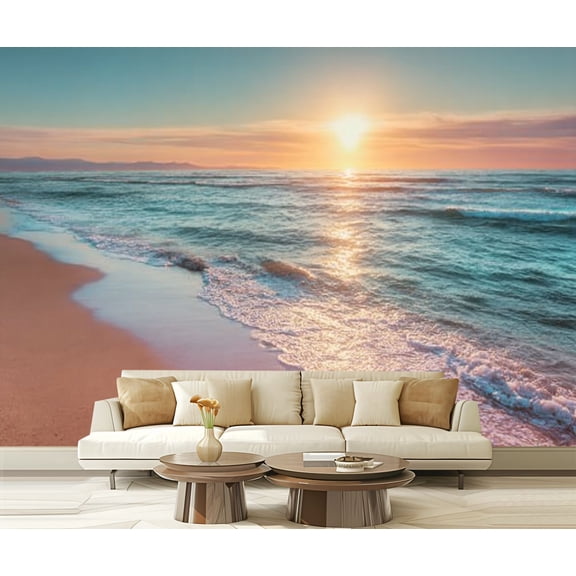 Peel and Stick Wallpaper Waterproof Colorful sunset viewed from pink sea beach soft waves Wall Mural Decor Self Adhesive and Removable 69in x 98in
