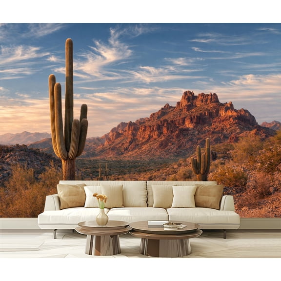 Peel and Stick Wallpaper Waterproof Desert Landscape Cacti Mountainous Terrain Sunset Wall Mural Decor Self Adhesive and Removable 69in x 98in