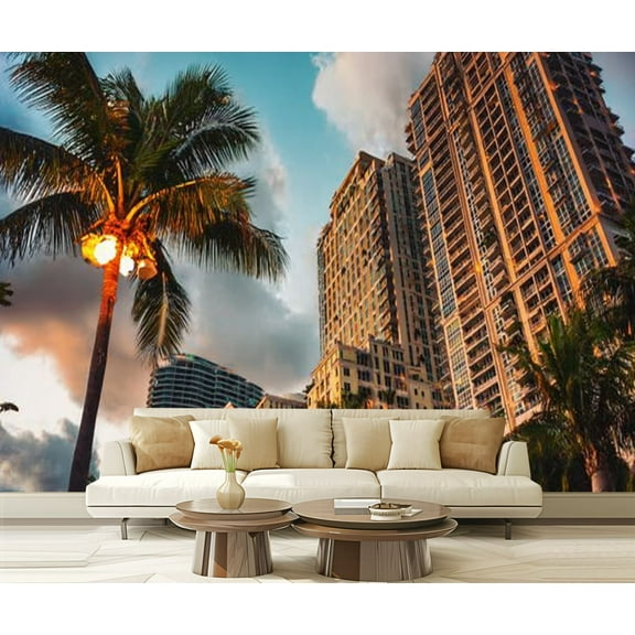 Peel and Stick Wallpaper Waterproof Dramatic Sunset Miami Florida Biscayne Boulevard Wall Mural Decor Self Adhesive and Removable 69in x 98in