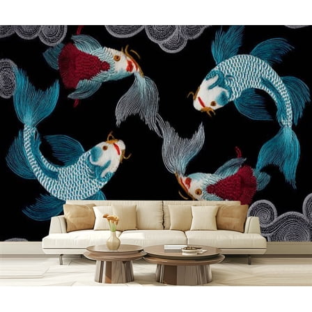 Peel and Stick Wallpaper Waterproof Embroidery seamless beautiful ethnic fish Wall Mural Decor Self Adhesive and Removable 69in x 98in