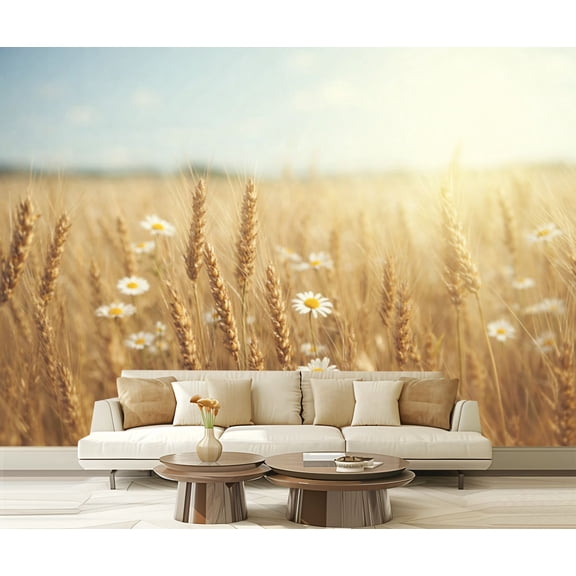 Peel and Stick Wallpaper Waterproof Golden Wheat Field White Daisies Under Bright Sky Wall Mural Decor Self Adhesive and Removable 69in x 98in
