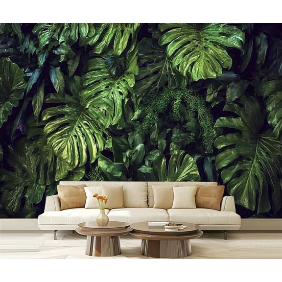 Peel and Stick Wallpaper Waterproof Green Monstera leaves texture for top view dark tone Wall Mural Decor Self Adhesive and Removable 69in x 98in