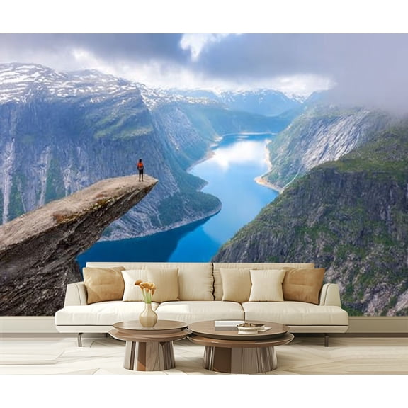 Peel and Stick Wallpaper Waterproof Hiker standing Trolltunga panoramic view lake Norway Wall Mural Decor Self Adhesive and Removable 69in x 98in