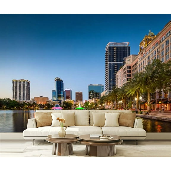 Peel and Stick Wallpaper Waterproof Illuminated Orlando skyline dusk Wall Mural Decor Self Adhesive and Removable 69in x 98in