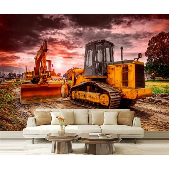 Peel and Stick Wallpaper Waterproof Large bulldozers construction site cloudy sky Wall Mural Decor Self Adhesive and Removable 69in x 98in