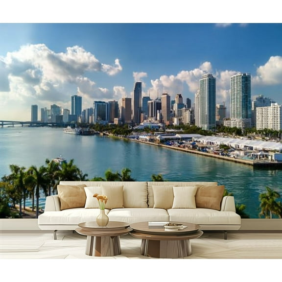Peel and Stick Wallpaper Waterproof Miami Downtown Skyline Palm Trees Elevated View Wall Mural Decor Self Adhesive and Removable 69in x 98in