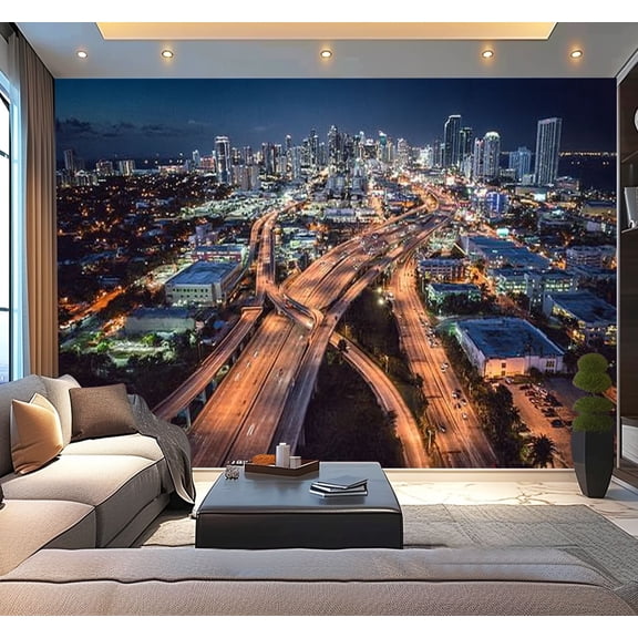 Peel and Stick Wallpaper Waterproof Miami downtown aerial view night Wall Mural Decor Self Adhesive and Removable 100in x 144in