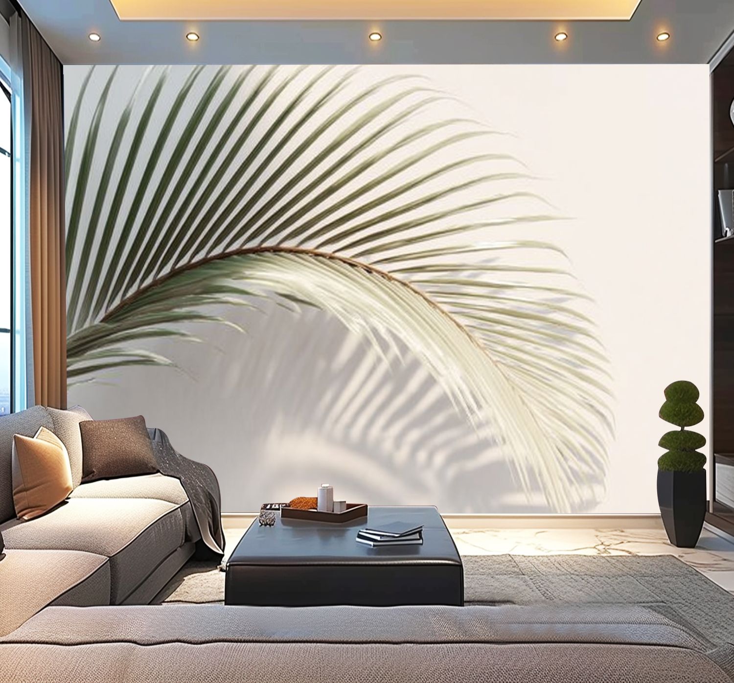 View of Peel and Stick Wallpaper Waterproof Modern Palm Frond Print Soft Lines ...