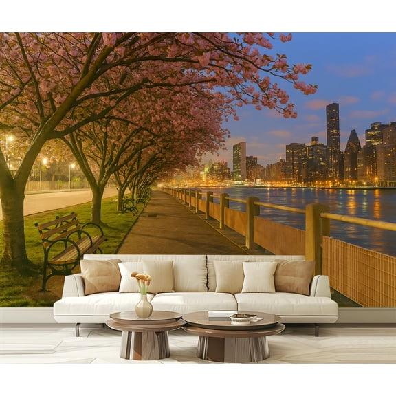 Peel and Stick Wallpaper Waterproof NYC Spring Cherry Blossoms Roosevelt Island View Dusk Wall Mural Decor Self Adhesive and Removable 69in x 98in