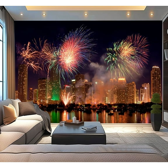 Peel and Stick Wallpaper Waterproof New year fireworks Miami Wall Mural Decor Self Adhesive and Removable 100in x 144in