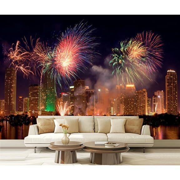 Peel and Stick Wallpaper Waterproof New year fireworks Miami Wall Mural Decor Self Adhesive and Removable 69in x 98in