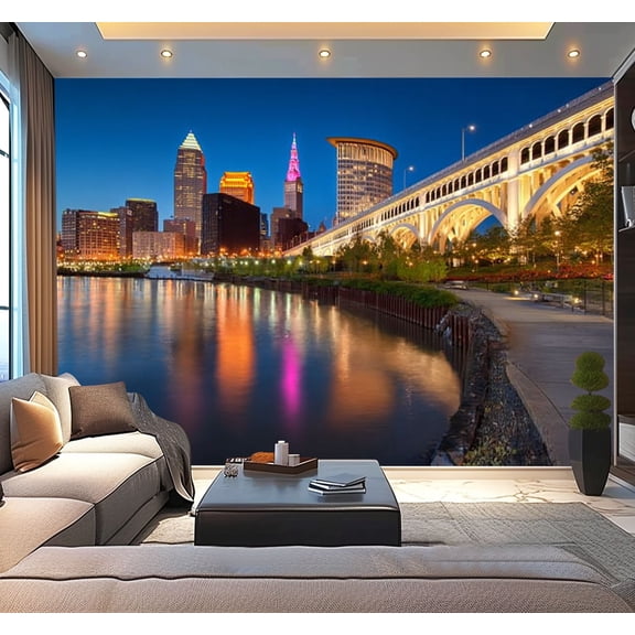 Peel and Stick Wallpaper Waterproof Night time photo downtown Clevelands skyline Wall Mural Decor Self Adhesive and Removable 100in x 144in