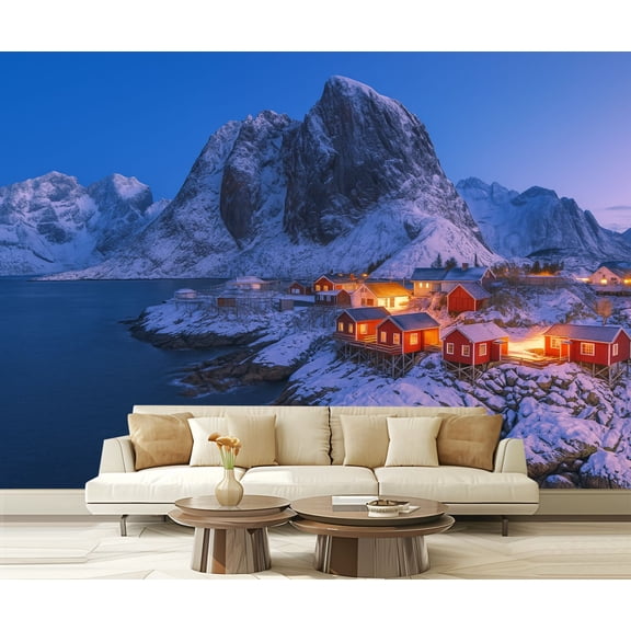 Peel and Stick Wallpaper Waterproof Norwegian fisherman s cabins Lofoten dawn winter Wall Mural Decor Self Adhesive and Removable 69in x 98in