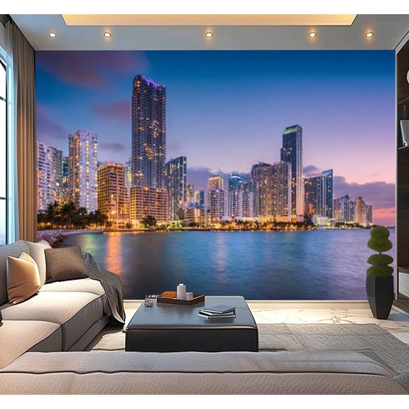 Peel and Stick Wallpaper Waterproof Ocean skyline view Miami pink clouds Wall Mural Decor Self Adhesive and Removable 100in x 144in