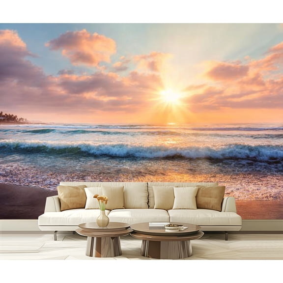Peel and Stick Wallpaper Waterproof Ocean wave beach sunset time sun rays Wall Mural Decor Self Adhesive and Removable 69in x 98in