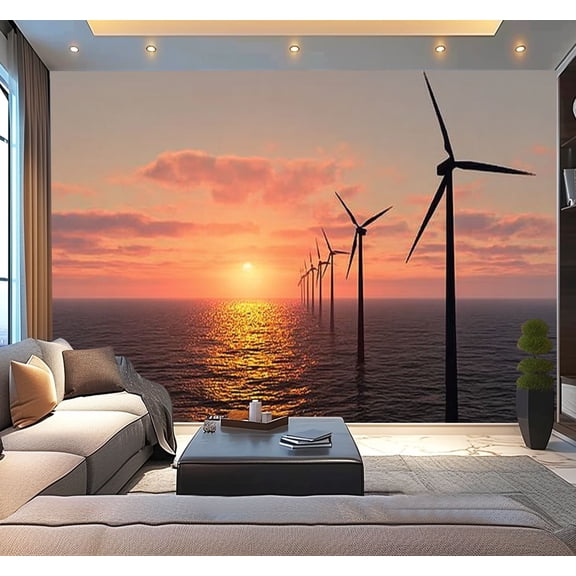 Peel and Stick Wallpaper Waterproof Offshore wind farm sunset Wall Mural Decor Self Adhesive and Removable 100in x 144in