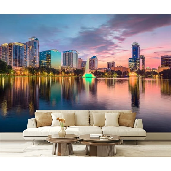 Peel and Stick Wallpaper Waterproof Orlando Florida downtown city skyline from Eola Park Wall Mural Decor Self Adhesive and Removable 69in x 98in