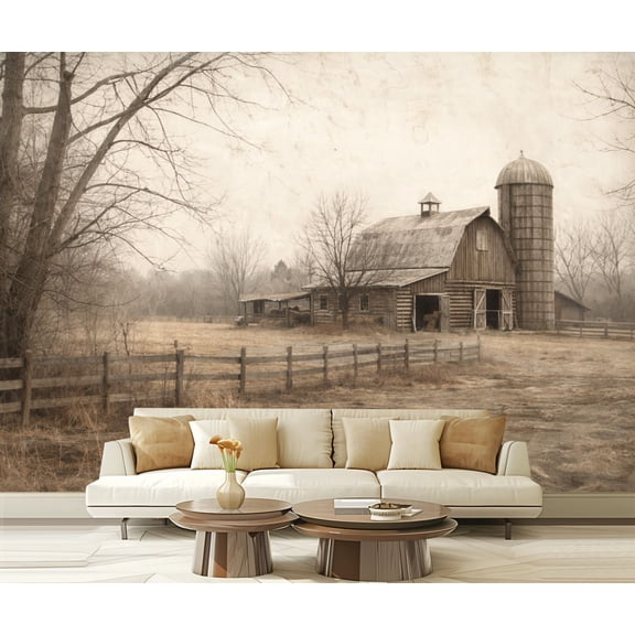 Peel and Stick Wallpaper Waterproof Rustic Farm Barn Silo Overcast Winter Landscape Wall Mural Decor Self Adhesive and Removable 69in x 98in