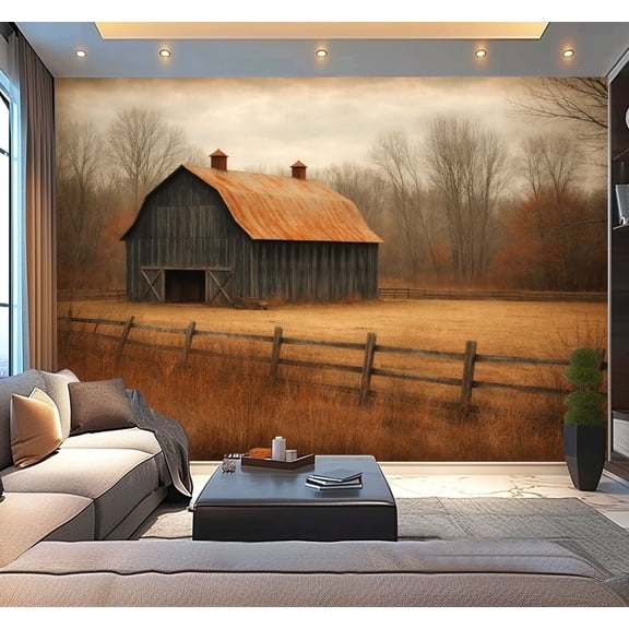 Peel and Stick Wallpaper Waterproof Rustic Red Barn Autumn Landscape Fenced Field Wall Mural Decor Self Adhesive and Removable 100in x 144in