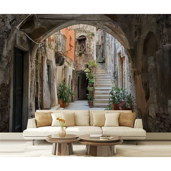 Peel and Stick Wallpaper Waterproof Sicilian courtyard staircase Italy Wall Mural Decor Self Adhesive and Removable 69in x 98in