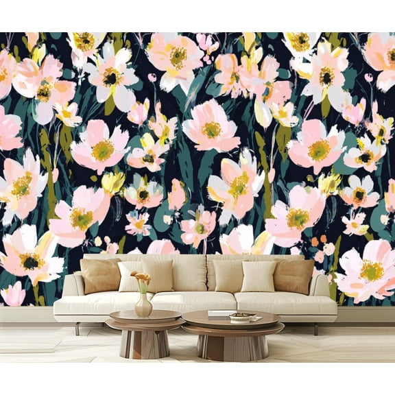 Peel and Stick Wallpaper Waterproof Simple hand drawn gouache flowers abstract colorful Wall Mural Decor Self Adhesive and Removable 69in x 98in