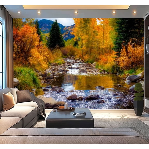 Peel and Stick Wallpaper Waterproof Small Stream fall leaf color Aspen Colorado Wall Mural Decor Self Adhesive and Removable 100in x 144in