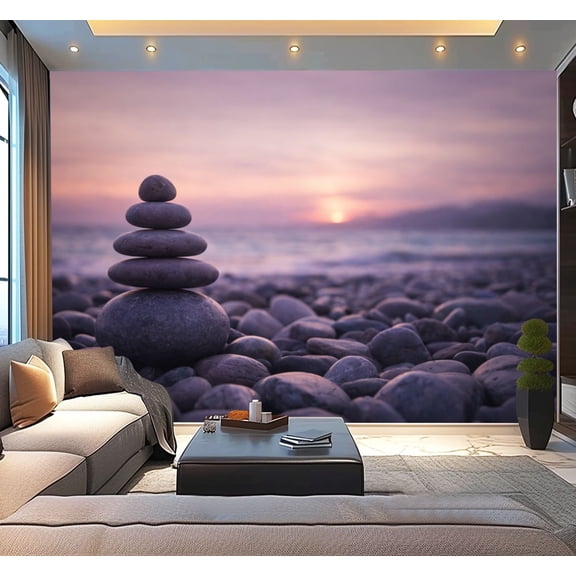 Peel and Stick Wallpaper Waterproof Stacked Stones Pebble Beach Sunset Wall Mural Decor Self Adhesive and Removable 100in x 144in