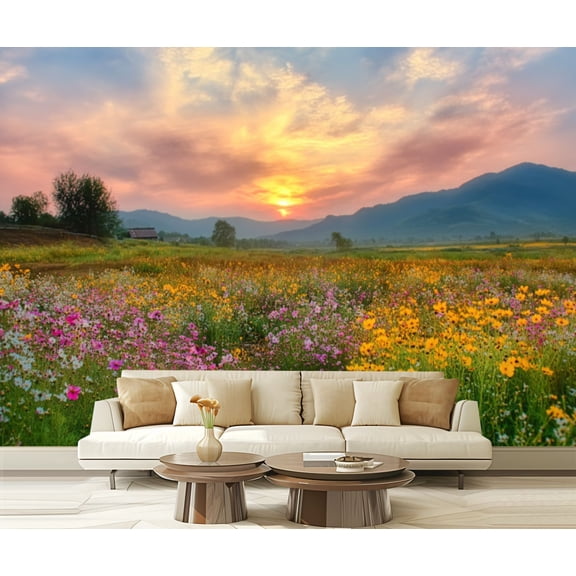 Peel and Stick Wallpaper Waterproof Sunset cosmos blooming Wall Mural Decor Self Adhesive and Removable 69in x 98in