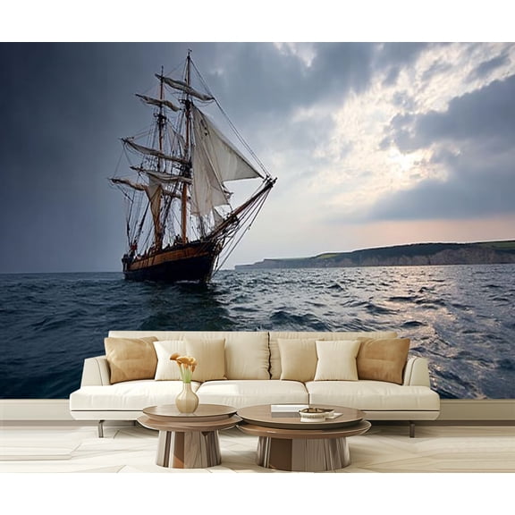 Peel and Stick Wallpaper Waterproof Tall ship sailing off Cornwall Coast Wall Mural Decor Self Adhesive and Removable 69in x 98in