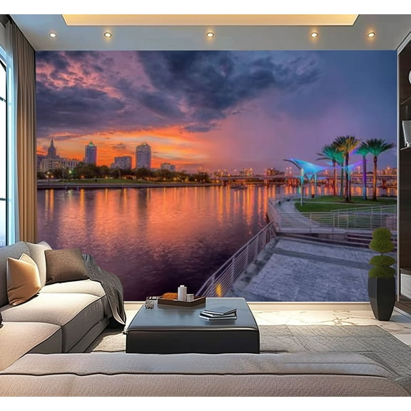 Peel and Stick Wallpaper Waterproof Tampa Riverwalk Sunset Wall Mural Decor Self Adhesive and Removable 100in x 144in