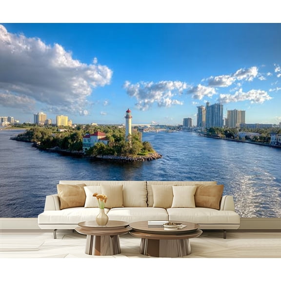 Peel and Stick Wallpaper Waterproof Tampa Skyline lighthouse end peninsula seen from our Wall Mural Decor Self Adhesive and Removable 69in x 98in