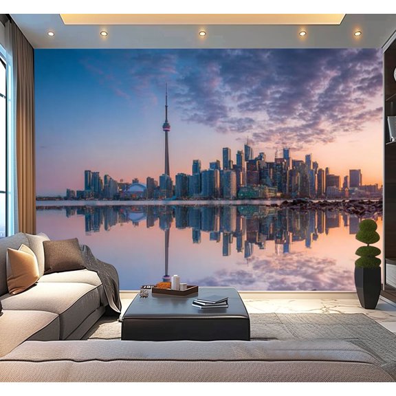 Peel and Stick Wallpaper Waterproof Toronto Skyline sunset reflection Toronto Canada Wall Mural Decor Self Adhesive and Removable 100in x 144in