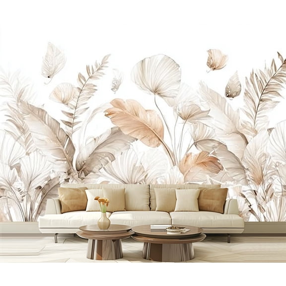 Peel and Stick Wallpaper Waterproof Tropical border Beige watercolor exotic leaves Wall Mural Decor Self Adhesive and Removable 69in x 98in