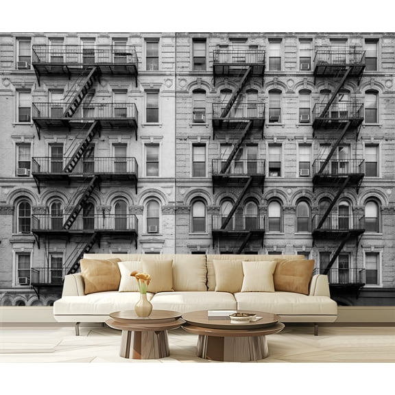 Peel and Stick Wallpaper Waterproof Urban Apartment Building Facade Fire Escapes Black White Wall Mural Decor Self Adhesive and Removable 69in x 98in