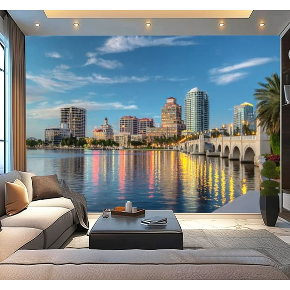 Peel and Stick Wallpaper Waterproof West Palm Beach Florida Skyline Wall Mural Decor Self Adhesive and Removable 100in x 144in