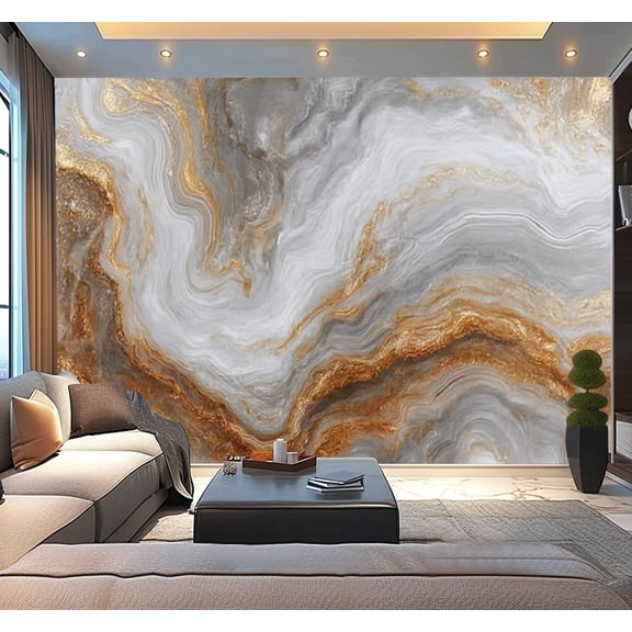 Peel and Stick Wallpaper Waterproof White marble curly grey gold veins Abstract texture 2D Wall Mural Decor Self Adhesive and Removable 100in x 144in