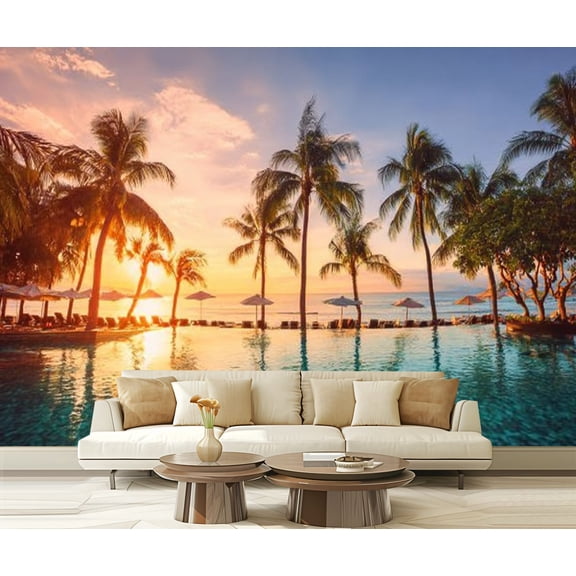 Peel and Stick Wallpaper Waterproof beach holidays luxury swimming pool palm trees Wall Mural Decor Self Adhesive and Removable 69in x 98in
