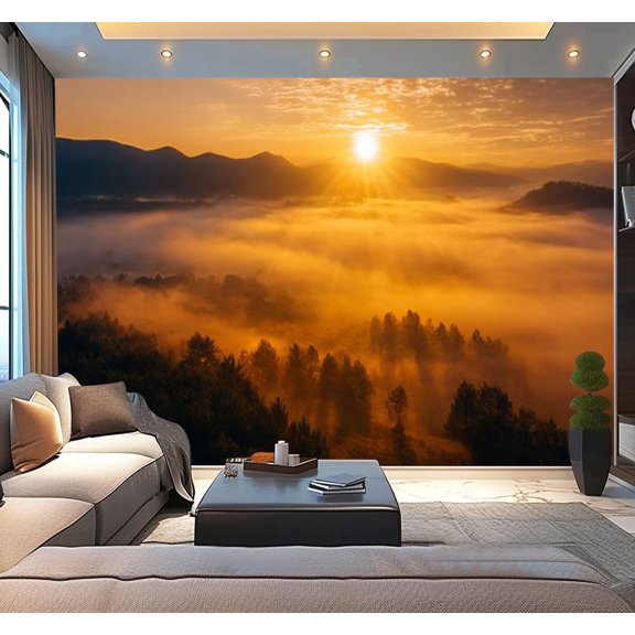 Peel and Stick Wallpaper Waterproof beautiful sunrise foggy mountains Wall Mural Decor Self Adhesive and Removable 100in x 144in