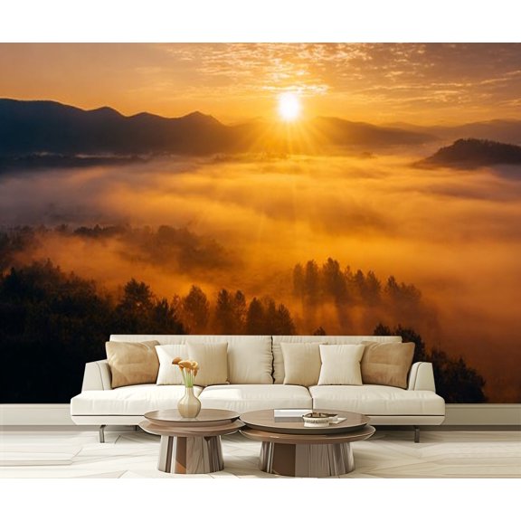 Peel and Stick Wallpaper Waterproof beautiful sunrise foggy mountains Wall Mural Decor Self Adhesive and Removable 69in x 98in
