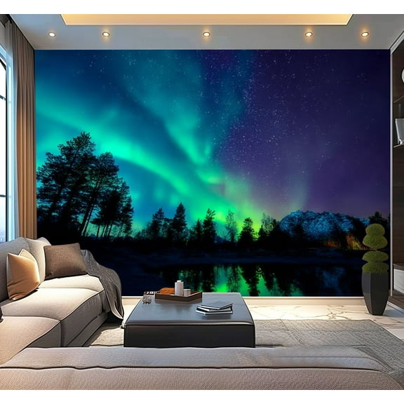 Peel and Stick Wallpaper Waterproof borealis northern lights lake trees Wall Mural Decor Self Adhesive and Removable 100in x 144in