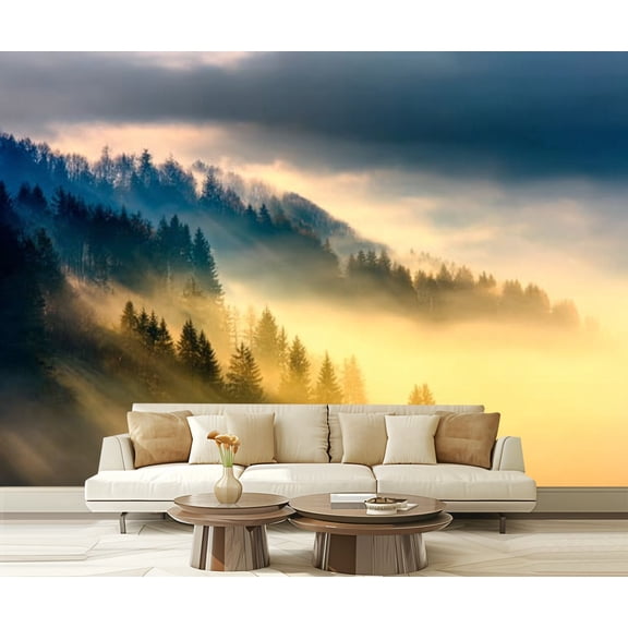 Peel and Stick Wallpaper Waterproof deep fog above valley sunrise Wall Mural Decor Self Adhesive and Removable 69in x 98in